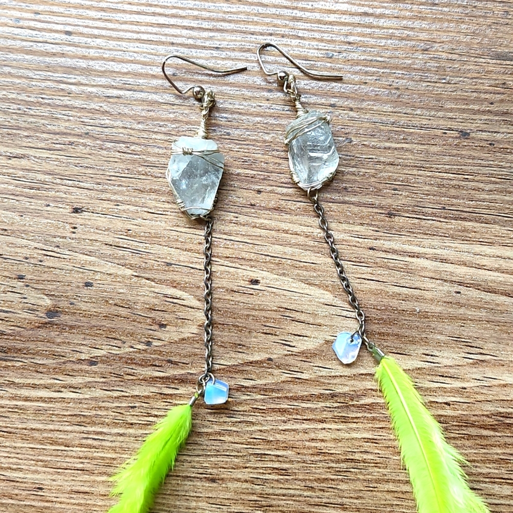 Handmade Celestite Dangle Earrings With Moonstone Chips and Feathers
